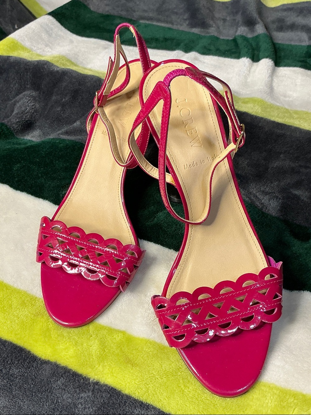 J. Crew Hot Pink Scalloped “Inez” Patent Mid-Heels Sandals Size 8